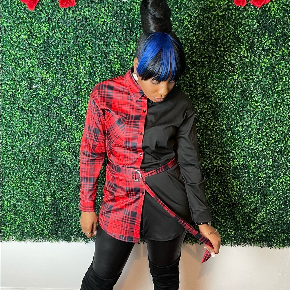 Ladies Button Up Plaid 2 Tone Shirt